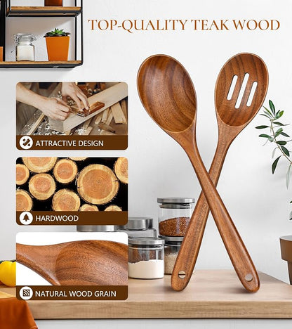 2Pcs Wooden Spoons for Cooking, Natural Premium Teak Wooden Spoon & Slotted - Image 2