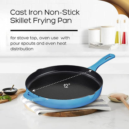 Bruntmor 12'' Blue Pre-seasoned Cast Iron Frying Pan, 12 Inch Oven Safe Skillet - Image 4