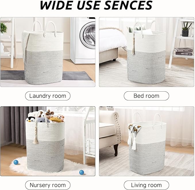 Woven Laundry Basket for Clothes, 80L Large Rectangle Laundry Hampers with Beads Tassel, Nursery Storage Basket for Toys, Tall Dirty Clothes Hamper for Bedroom Aesthetic, Laundry Room Organization