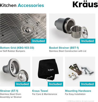 Kraus Kitchen Sinks Undermount - 33 Inch Stainless Steel Kitchen Sink, 60/40 Double Bowl, 16 Gauge, Model KHU103-33