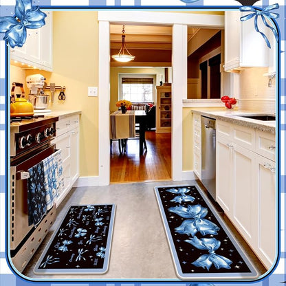 Fourluoo 10 Pcs Blue Bow Kitchen Decor Set Dish Towels Kitchen Rugs Oven Mitts - Image 7