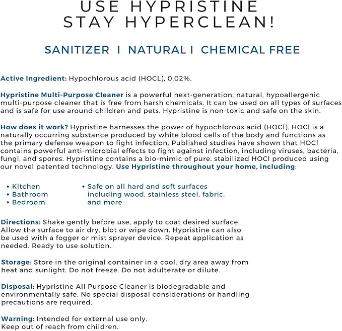 PURE Hypochlorous Acid Spray, Multi-Purpose Cleaner, Superior Shelf Life, 0% Bleach, 0% Alcohol, Food Contact Safe, Eliminate Non-Living Allergens, Remove Pet Odor, Clean Any Surface