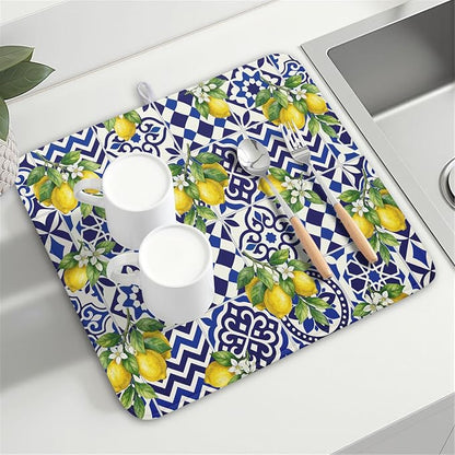 Lemon and Blue Tile Dish Drying Mat 16x18 Inch Absorbent Reversible Mexican - Image 8
