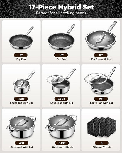 Pots and Pans Set Hybrid Stainless Steel, Dishwasher & Oven Safe, Metal Utensil - Image 2