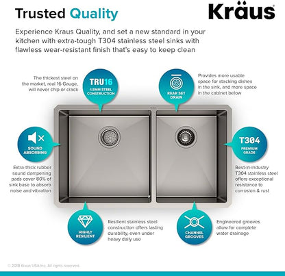 Kraus Kitchen Sinks Undermount - 33 Inch Stainless Steel Kitchen Sink, 60/40 Double Bowl, 16 Gauge, Model KHU103-33