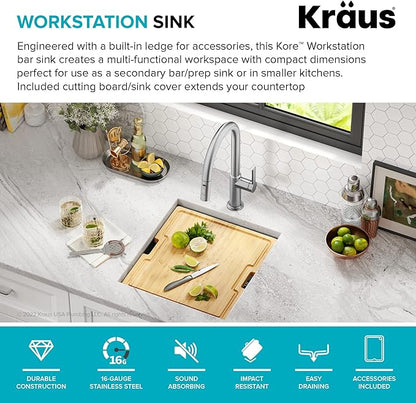 KRAUS Kore Workstation 17-inch Undermount 16 Gauge Black Stainless Kitchen Sink, Single Bowl Kitchen Sink in PVD Gunmetal Finish with Accessories, KWU1101-17-PGM
