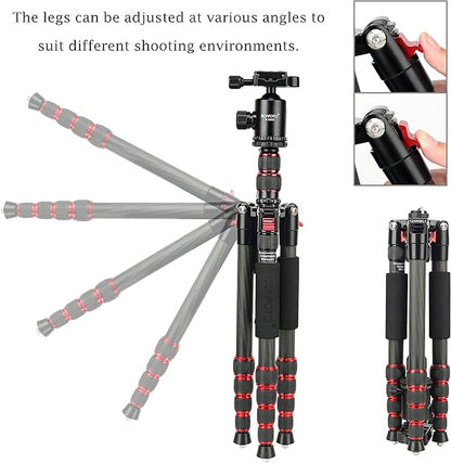 BONFOTO B690C Lightweight Carbon Fiber Portable Tripod Compact Travel Camera Tripod Monopod with 360 Degree Ball Head,1/4" Quick Release Plate and Carry Bag for DSLR Cameras