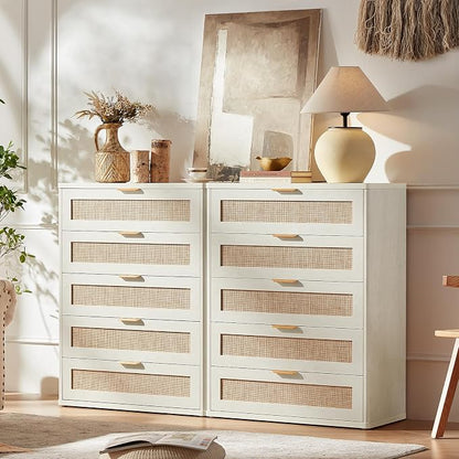 LEYAOYAO White Dresser for Bedroom, Modern 5 Drawers Boho Rattan Dressers - Image 2