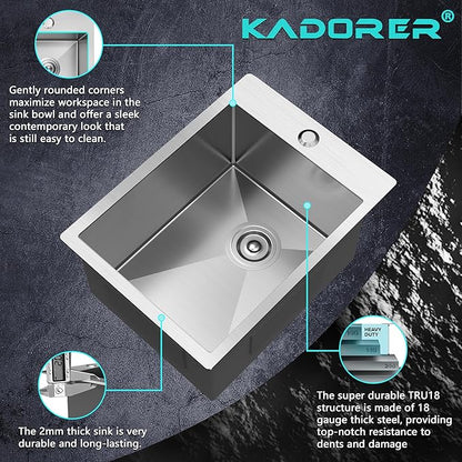 15 x 20 Inch Drop In Kitchen Bar Sink, Small Kitchen Sink Single Bowl Topmount Bar Prep Sink 18 Gauge Stainless Steel Bar Sink with Grid and Basket Strainer