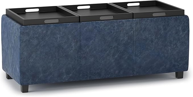SIMPLIHOME Avalon 42 inch Wide Contemporary Rectangle Storage Ottoman in Denim Blue Vegan Faux Leather, Assembled, for the Living Room, Entryway and Family Room