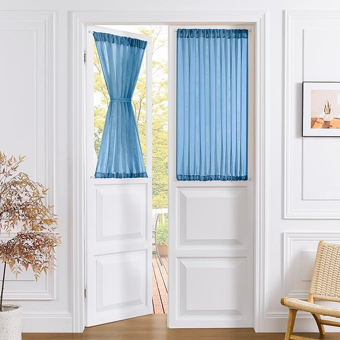 Tollpiz Small Sheer Door Curtain Closet Linen Textured Curtain Sheers Doorway Light Filtering Voile French Door Rod Pocket Curtains Patio Glass Door, 25 x 40 inches Long, Classic Blue, Set of 1 Panel