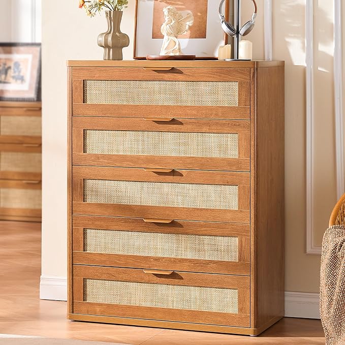 LEYAOYAO Dresser for Bedroom, Modern 5 Drawers Boho Rattan Dressers - Image 2