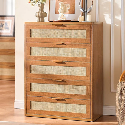 LEYAOYAO Rattan Dresser for Bedroom Set 2, Modern 5 Drawers Boho Dressers - Image 3