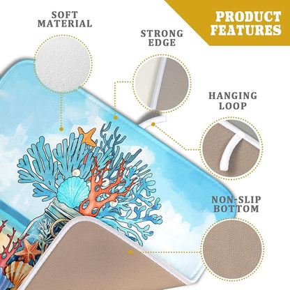 Coastal Coral Dish Drying Mat 16x18 inch Starfish Shell Fast Dry Microfiber - Image 4