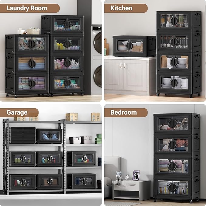 BROVIEW 480Qt Lockable Stackable Storage Bins with Lids, Closet Organizers and Storage Drawer, Collapsible Storage Bin with Wheels, Plastic Cabinet for Toy Clothes Dorm Organizer, V9 4 Pack Black