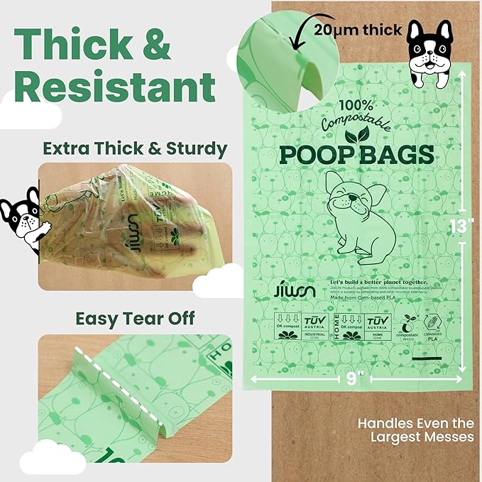 JIWON 100% Certified Home Compostable Dog Poop Bags, 120 Count (8 Rolls), 9"x13", OK Compost & Seedling, Thick & Leakproof, Plant Based Compostable Waste Bags, Unscented