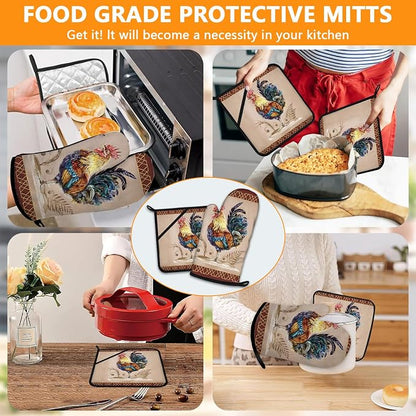 Rooster Oven Mitts and Pot Holders Sets 4Pcs, Extra Long Oven Gloves Potholder - Image 7