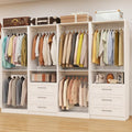 Closet System with 4 Sets, 8FT Closet Organizer Systems with 6 Wooden Drawers & 10 Hanging Rods, Walk in Closet Standalone Corner Closet System Modular Closet System Set White (8FT)