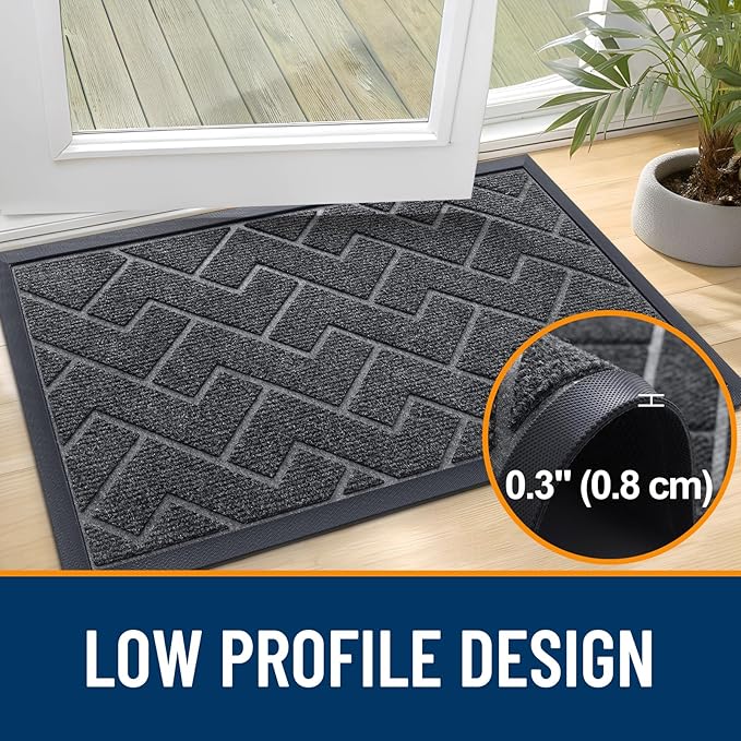OLANLY Front Door Mat Indoor Outdoor Entrance, Waterproof All-Season, All-Weather Doormat, Sturdy Natural Rubber, Low Profile, Easy Clean Patio Porch Entryway Mat, Herringbone Brick (Grey, 47x32)