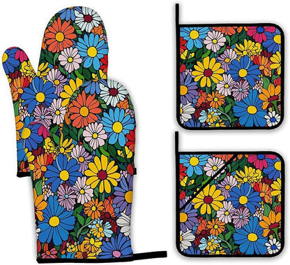 Abstract Hippie Flower Oven Mitts and Pot Holders, Heat Resistant Oven Mitts by Unknown
