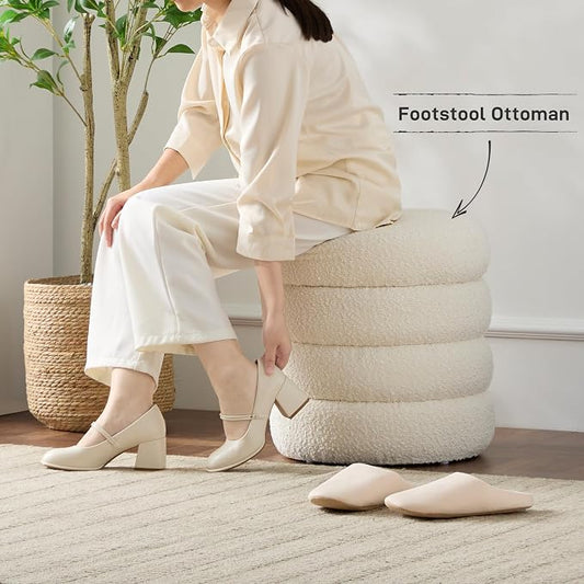 Round Ottoman with Storage Boucle Ottoman Stool with Storage Removable Lid - Image 2