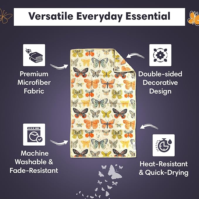 Microfiber Hand Towel & Washcloth Set of 2 - Double-Sided, Waffle Weave, Super Absorbent, Lint-Free, Fast Drying - Wings & Flower Farm Pattern for Bathroom, Kitchen, Car, and Window Cleaning