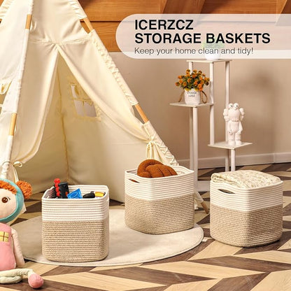 11 Inch Cube Storage Bins, Organizer Woven Cotton Rope Square Baskets - Image 6