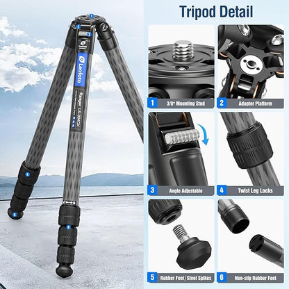 58" Carbon Fiber Tripod, Lightweight Travel Compact Tripod for Mirrorless Camera, DSLR, 4-Sections with Max Tube Dia 36mm, Load Up to 55lbs/25kg (LS-364CX)