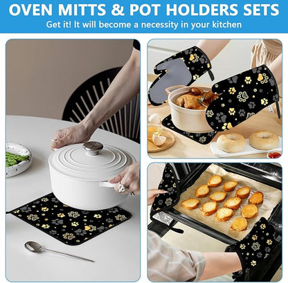 Gold Dog Paw Print Oven Mitts and Pot Holders Sets Heat Resistant 4Pcs - Image 6