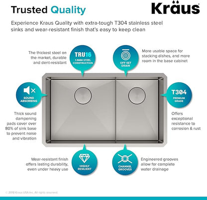 KRAUS Standart PRO™ 32-inch 16 Gauge Undermount 60/40 Double Bowl Stainless Steel Kitchen Combo with WasteGuard™ Continuous Feed Garbage Disposal, KHU103-32-100-75MB