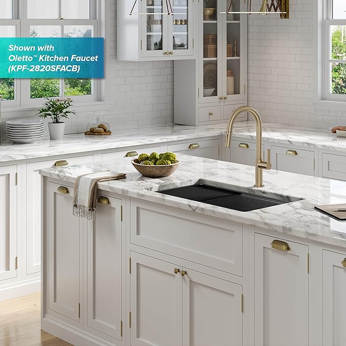 KRAUS Bellucci 32” in. Undermount Workstation Granite Kitchen Sink in Metallic Black with Accessories, KGUW2-33MBL