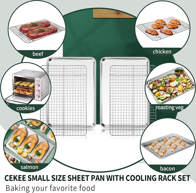 Small Baking Sheet with Rack Set, CEKEE Stainless Steel Small Baking Pan and - Image 5