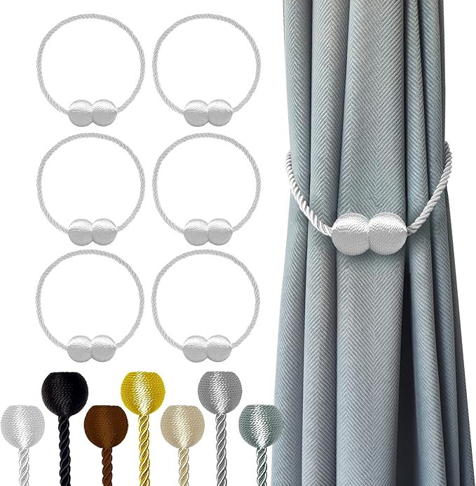 Hion Magnetic Curtain Tiebacks White 6 Pack, Curtain Tiebacks Buckles Holdbacks Holders Hooks Clip for Home Bedroom Office Decorative Thick or Thin Curtain