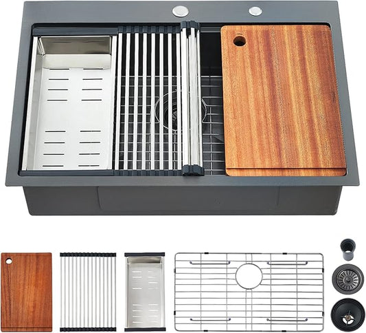 Drop-in Kitchen Sink - Single Bowl Workstation with Cutting Board, 30 x 22 x 10, Gunmetal Black, 16 Gauge Stainless Steel