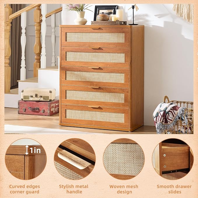 LEYAOYAO Dresser for Bedroom, Modern 5 Drawers Boho Rattan Dressers - Image 8