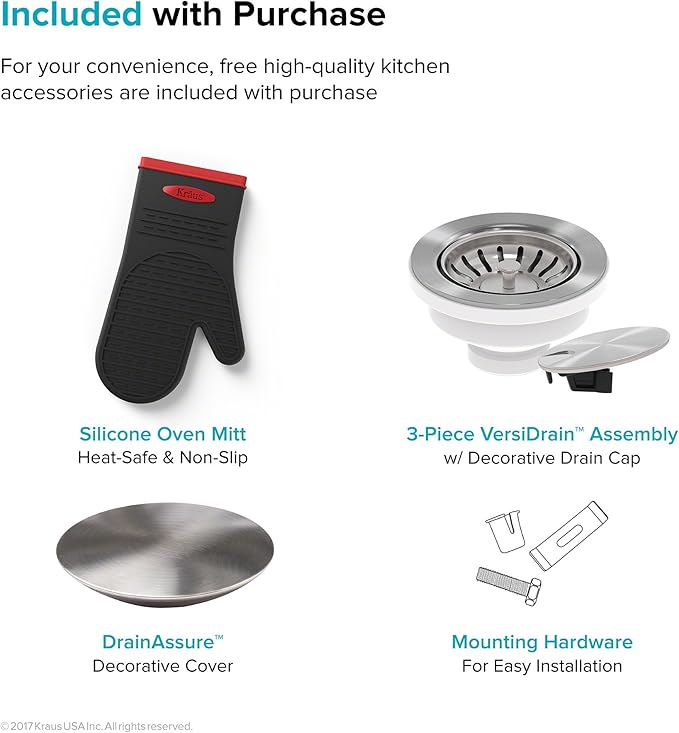 KRAUS Dex 17-Inch Undermount Single Bowl TRU16 Gauge Stainless Steel Kitchen Bar Sink with DrainAssure WaterWay and VersiDrain Assembly in Radiant Pearl Finish, KD1US17B