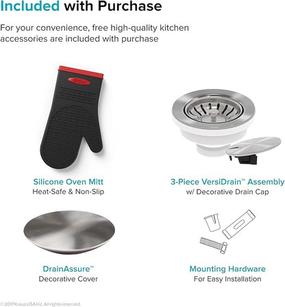 KRAUS Dex 17-Inch Undermount Single Bowl TRU16 Gauge Stainless Steel Kitchen Bar Sink with DrainAssure WaterWay and VersiDrain Assembly in Radiant Pearl Finish, KD1US17B