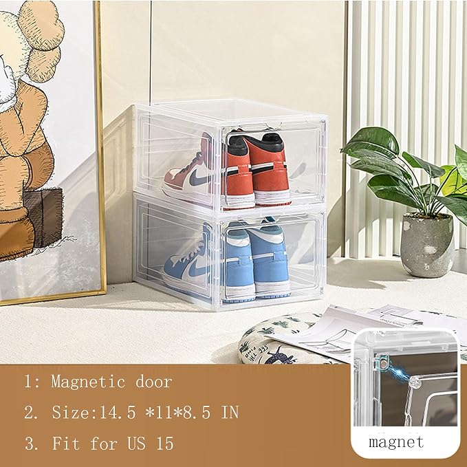 XXL Drop Front Shoe Storage Box Stackable, 6 Pack Shoe Display Case Fit US 15 - Image 4