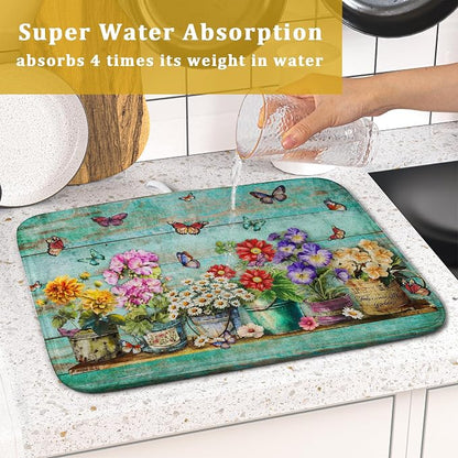 Flower Dish Drying Mat for Kitchen Counter 16x18 Inch Rustic Vintage Microfiber - Image 7