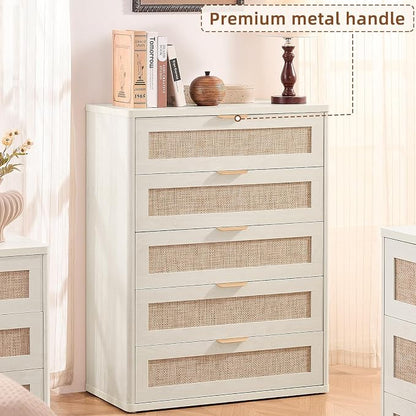 LEYAOYAO White Dresser for Bedroom, Modern 5 Drawers Boho Rattan Dressers - Image 6