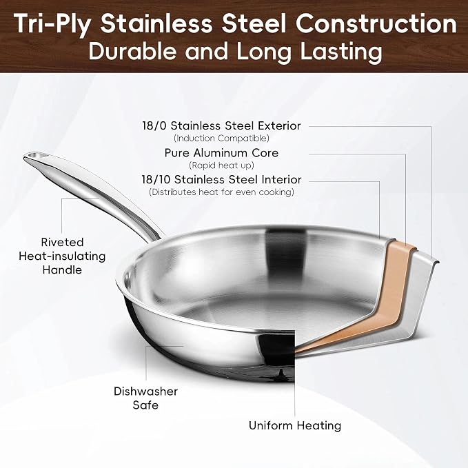 SuperCook 10 Inch Tri-Ply Clad Stainless Steel Frying Pan, Stainless Steel Fry - Image 3