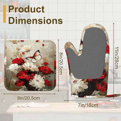Oven Mitts and Pot Holders White Red Flower Silicone Kitchen Accessories Set of - Image 2