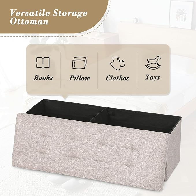 Athena Collection 43" Storage Ottoman Bench Folding Bench with 130L Hidden Storage, Large End of Bed Bench Linen Foot Rest Stool Chest with Flipping Lid for Living Room Bedroom Entryway, Sandy Beige