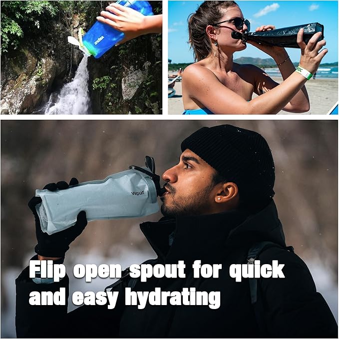 Vapur Collapsible Water Bottle With Carabiner, Compact Bottle Folds Flat For Hydration On The Go, Ideal for Traveling, Hiking or Camping, 23 Ounce, Black, Pack of 1