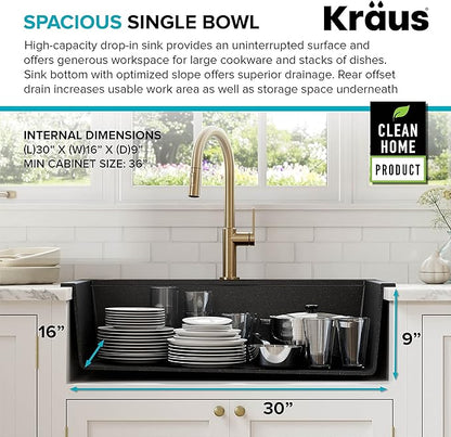 KRAUS Bellucci Workstation 33" Single Bowl Granite Kitchen Sink in Metallic Black w/Accessories, KGTW2-33MBL, Includes Dish Drainer/Dish Drying Rack