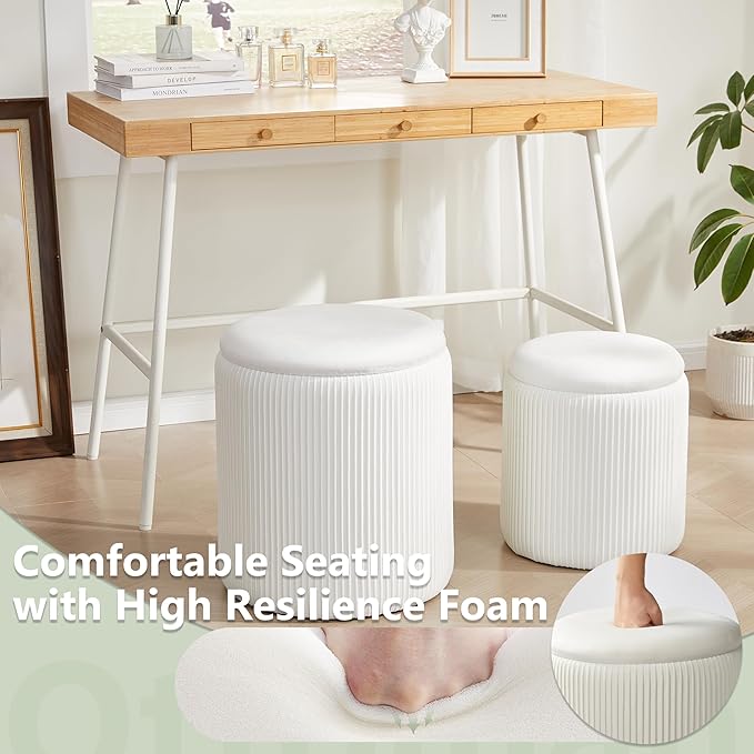 Round Ottoman with Storage Set of 2,Vanity Stool with Storage for Bedroom, Ottoman Coffee Table,Small Velvet Foot Stool for Living Room, White