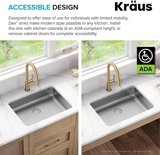 KRAUS Dex 25-inch Undermount 16 Gauge Stainless Steel Single Bowl ADA Kitchen Sink, KA1AS25B