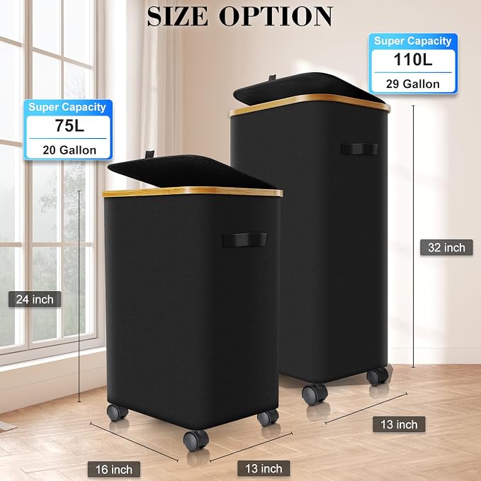 Laundry Hamper with Wheels, 29 Gal Laundry Basket with lid Rolling Clothes - Image 2