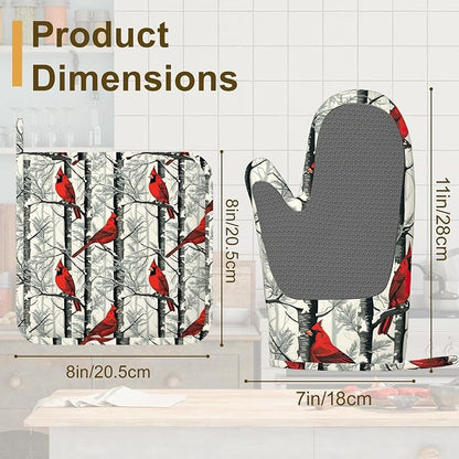 Red Cardinal Birds Oven Mitts and Pot Holders Set of 4, Kitchen Glove Heat - Image 2