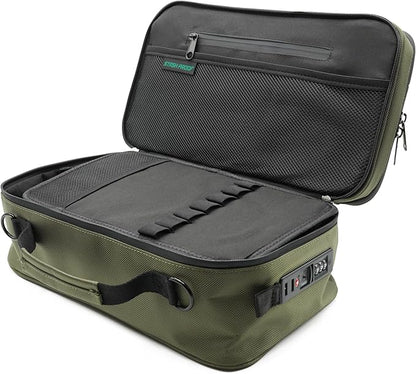 Large Storage Case with TSA Combination Lock Bag, Portable Carbon Lined, XL Medicine Lockable Box for Travel & Home Secured Box Organizer Divider Jars Accessories, Removable Tray (Green)